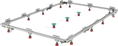 A 3D rendering of a shower tray mounting frame with adjustable feet and support elements.