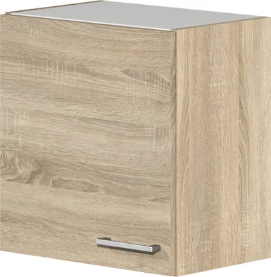 A single kitchen cabinet with a wood grain finish and a silver handle.