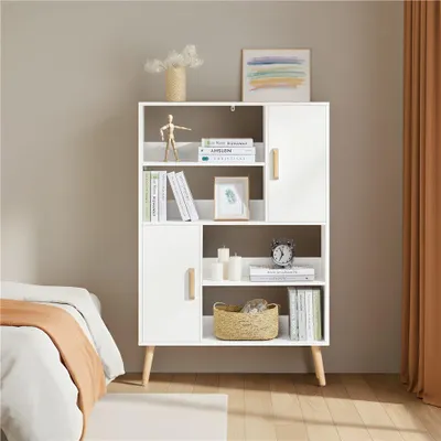 Produktbild von Yaheetech Bücherregal aus Holz, Bücherschrank mit 2 Türen & 4 offenen Regalen, schmaler Standregal Aufbewahrungregal, 80 × 23 × 120 cm, Weiß