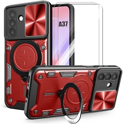 Image de Coque + 2 Verres Trempés pour Samsung Galaxy A37 5G, avec Anneau et Protection Objectif - Rouge