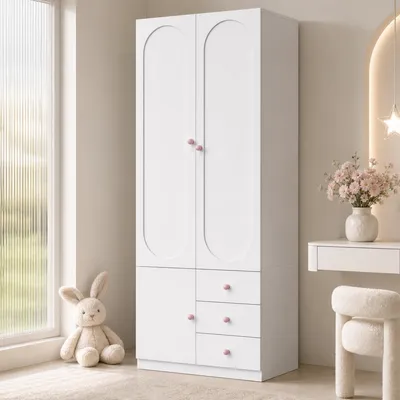 Produktbild von Flieks Kleiderschrank Eckkleiderschrank mit Schubladen und Kleiderstange, Garderobe Schlafzimmer Lack-Oberfläche, 80x50x200 cm, Weiß Rosa