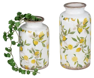 Produktbild von 2er Set Deko Vasen VINTAGE ZITRONEN weiß gelb 21 + 26cm Formano Garten S25