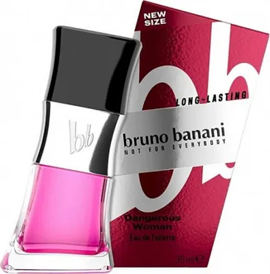 A bottle of Bruno Banani Dangerous Woman Eau de Toilette and its packaging.