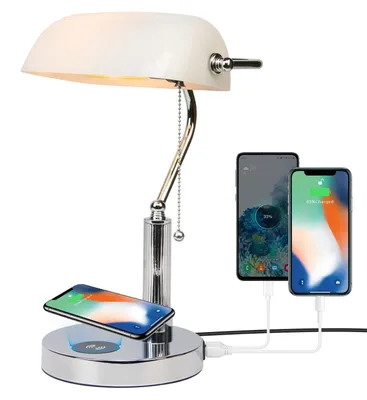 Zdjęcie produktu dla Lampa biurkowa w stylu vintage z białym kloszem, klasyczna lampa stołowa z bezprzewodową ładowarką i portem USB