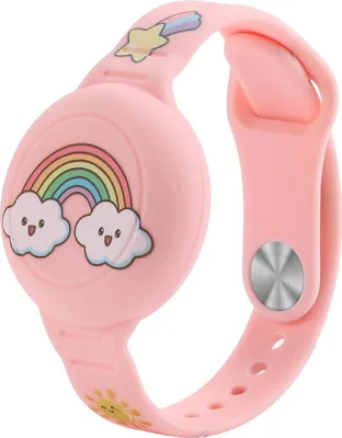Produktbild von Hurtel Silikon Armbandhülle für Kinder kompatibel mit AirTag Rosa mit Regenbogen