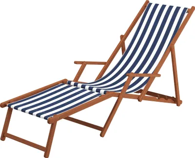 Produktbild von Liegestuhl Gartenliege blau-weiß Fußablage Kissen Sonnenliege klappbar Deckchair Buche 10-317FKH