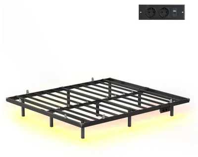 Image de Cadre de lit avec éclairage LED, ports USB-C et multiprises | Noir | 160x200x26 cm