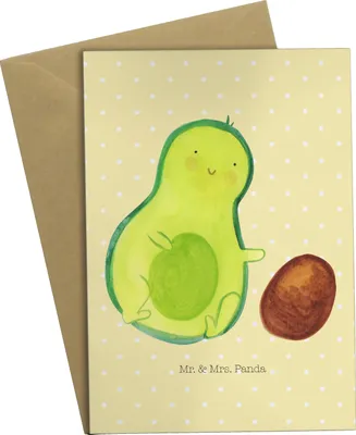 Produktbild von Mr. & Mrs. Panda Grußkarte Avocado Kern rollt - Gelb Pastell - Geschenk, weihnachtskarten, Liebe, osterkarte, vatertagskarte, Baby, Geburt, einladungskarten, Geburtstag