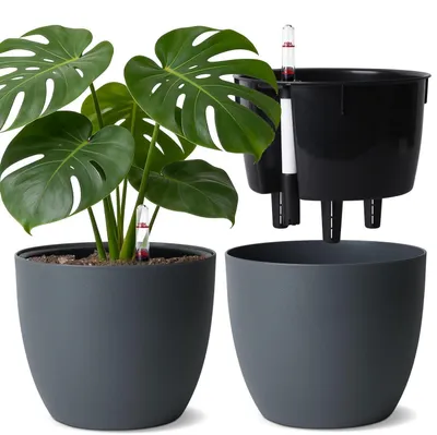 Produktbild von Selbstbewässerungstopf 20cm Grau mit Wasseranzeiger, 2 Stück, für Innen & Außen
