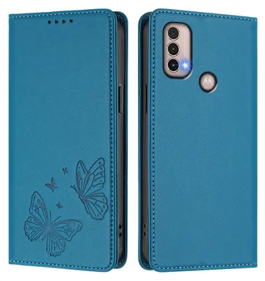 Obrázek produktu pro Kožené pouzdro pro Motorola Moto E20 / E30 / E40, motýlí ražbou, peněženkové flip pouzdro se stojánkem Modrá