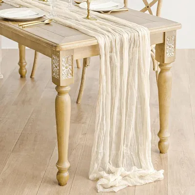Produktbild von Boho Tafelloper Set von 6 - Beige Käsetuch, 90 x 300 cm - Rustikale Dekoration für Hochzeiten und Feste