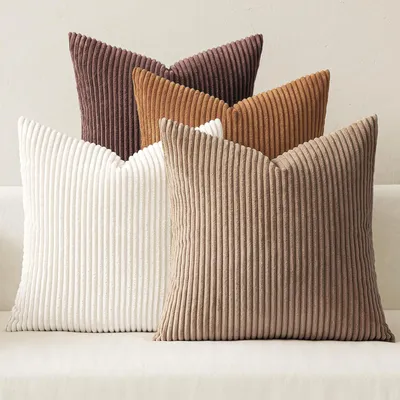 Produktbild von 4er-Set Kissenbezüge 50x50 cm, Cord, weiche Kissenbezüge, dekorative Sofakissen, quadratische Dekokissen, gestreifte Kissenbezüge fürs Wohnzimmer, braun