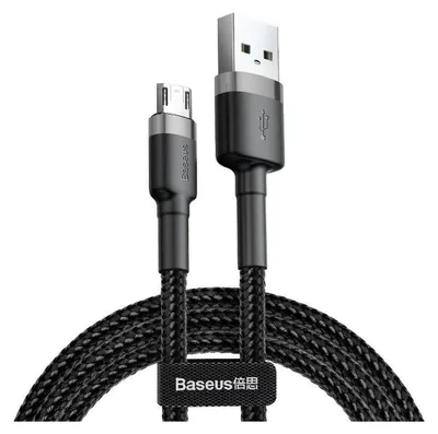 A black braided micro USB data and charging cable with silver accents.