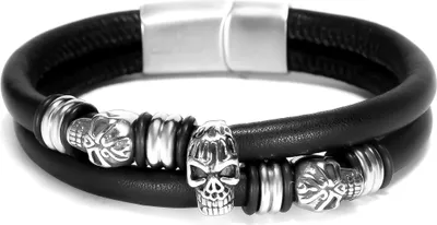 Produktbild von Echtleder-Armband Totenkopf Skull Rindsleder schwarz Edelstahl Herren Damen Autiga®