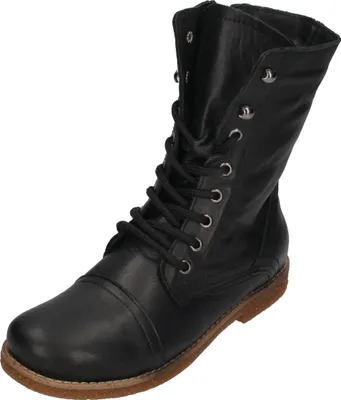 A black lace-up boot is shown against a white background.