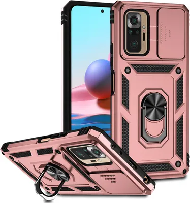 Image de Étui pour Xiaomi Redmi Note 10 Pro/10 Pro Max étui double couche avec couvercle coulissant pour appareil photo et anneau de support Rose