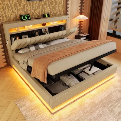 Produktbild von Polsterbett 140x190cm mit hydraulischem Stauraum, Stauraum-Kopfteil mit 3 USB und 1 USB-C, LED-Beleuchtung am Kopf- und Fußende, Beige Leinen