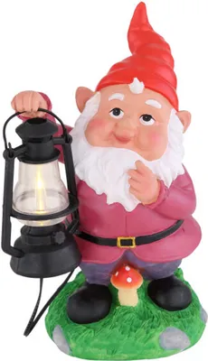 A garden gnome holding a lantern, standing on a grassy mound with a mushroom.