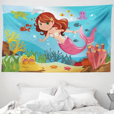 Produktbild von ABAKUHAUS Meerjungfrau Wandteppich, Fröhlich Unterwasser aus Weiches Mikrofaser Stoff Waschbar ohne Verblassen Digitaldruck, 230 x 140 cm, Mehrfarbig