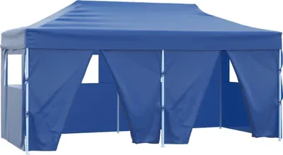 A blue party tent with four side walls is shown against a white background.