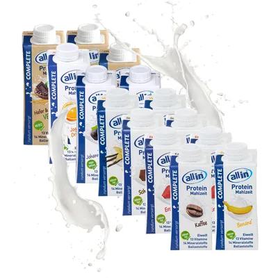 Produktbild von all in® 8er MIX alle COMPLETE Sorten | 14 x 200/250 ml | Hochkalorische Trinknahrung | 8 Sorten | Gewichtszunahme