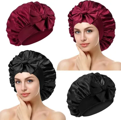 Imagen del producto de Dos gorros de satén, suaves, de seda, con banda elástica, ideales para dormir y el cuidado del cabello