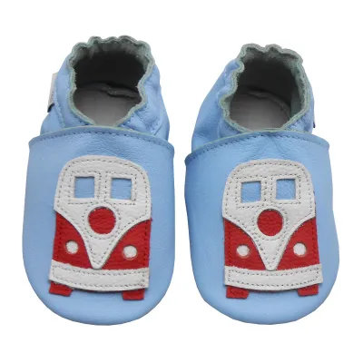 Produktbild von BEMUSE® Baby Krabbelschuhe aus Echtleder, weiche Lauflernschuhe für Mädchen & Jungen, rutschfeste Ledersohle, Hellblau, Busmotiv, Größe S (0–6 Monate)