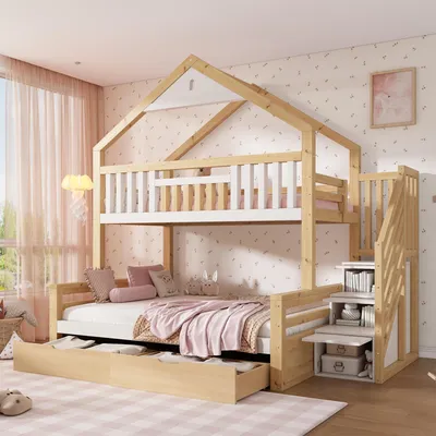 Produktbild von Flieks Etagenbett 90x200cm/140x200cm, Kinderbett Hausbett mit Schubladen, Hochbett Stockbett mit Treppe und Rausfallschutz, Holzbett Weiß