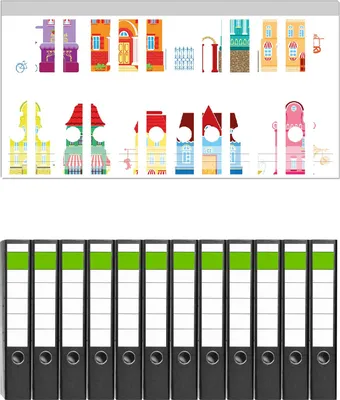 Produktbild von Wallario 12 Stück schmale Ordner inkl. Klebeetiketten mit Motive Bunte Häuser in einer Stadt - Comic Stil -  Set mit Rückenschildern / Ordnerrücken Stickern