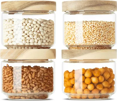 Produktbild von Glas Vorratsbehälter Set mit Holzdeckel - 300 ml - Perfekt für Müsli, Pasta und Kaffee