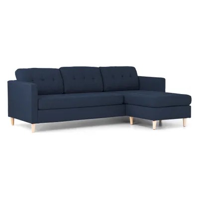 Produktbild von Marino Sofa, Chaiselongsofa rechts oder links gewendet in blauen Stoff mit Holzbeinen.
