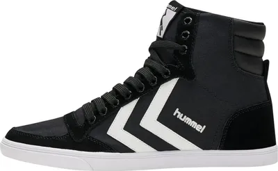 A single black high-top sneaker with white accents and branding.