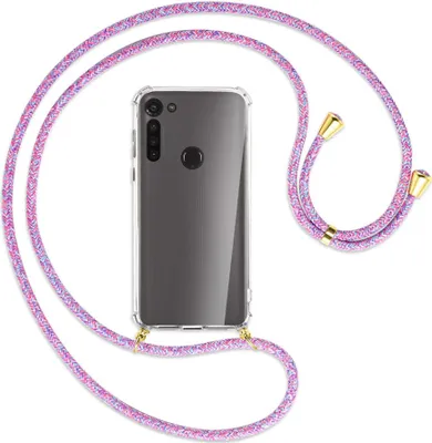Produktbild von Handykette Backcover-Schutzhülle mit Band (Metall goldfarben) für Motorola Moto G8 Power - lila/rosa/blau