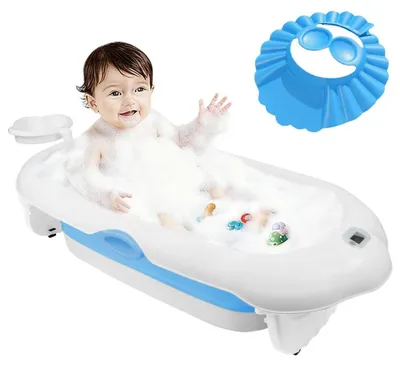Produktbild von Baby Badewanne - Faltbare Wanne - Mit Badesitz - Integriertes Thermometer - Für Neugeborene und Babys - Rutschfest, tragbar - Blau