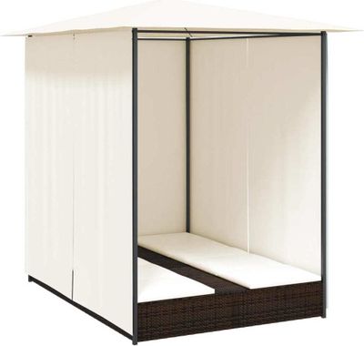vidaXL Doppel-Sonnenliege mit Vorhang Poly Rattan Braun