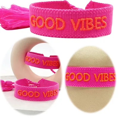 Produktbild von LS-LebenStil Canvas Statement Armband Good Vibes Pink Orange besticktes Stoffarmband gewebt textiles Quasten Spruch Boho Geschenk Freundschaftsarmband