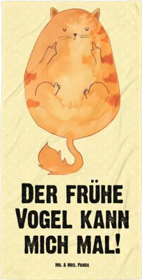 Produktbild von Mr. & Mrs. Panda Strandlaken Katze Frühaufsteher - Gelb Pastell - Geschenk, Badehandtuch, Kater, Katzen, Mittelfinger, Handtuch, Strandtuch, Duschhandtuch, Tiger, Kaffee