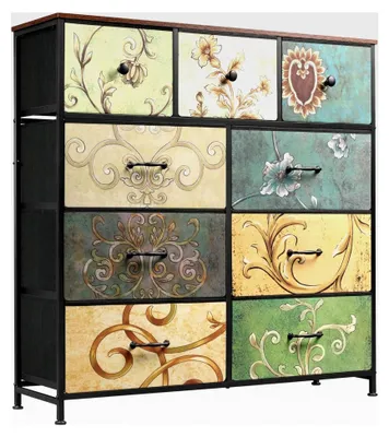 Produktbild von Kommode mit 9 Stoffschubladen, Schrank für Schlafzimmer und Wohnzimmer, stabiler Stahlrahmen, Vintage-Druck