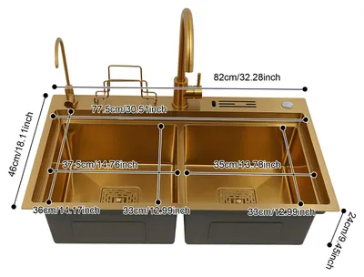 Produktbild von Küchenspüle - Doppelbecken 82x46 cm - Edelstahl 304 - Rechteckig - Mit Wasserhahn - Gold