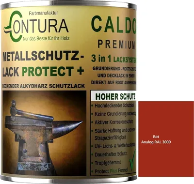 Produktbild von Contura 3 in 1 Rostschutzfarbe 500ml. Metallschutzlack GLÄNZEND RAL Metall Lack Farbe Grundierung Rost - RAL 3000 Rot