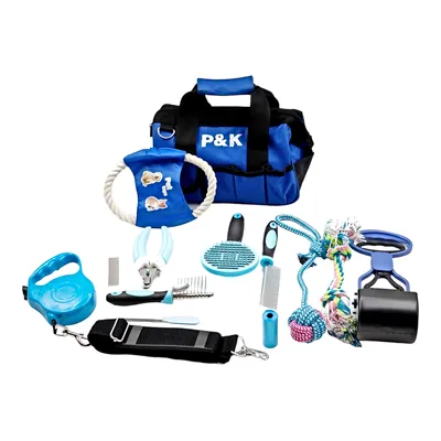 Produktbild von P & K 15-teiliges Tierpflege- und Spielset Hundeleine Hundespielzeug in Blau mit Kotgreifer– Komplettset für die Pflege und den Spaß Ihres Haustieres