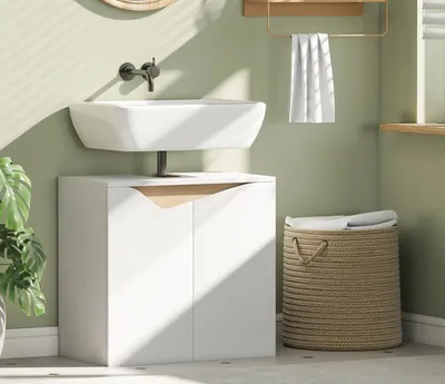Produktbild von Waschbeckenunterschrank, Badschrank, Badezimmer Unterschrank mit Soft-Close-Türen, Weiß, 60 x 35 x 57,9 cm