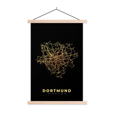 Produktbild von MuchoWow® Textilposter Dortmund - Gold - Karte - Stadtplan 120x180 cm mit holzfarbenen Rahmen - Textil-Plakat