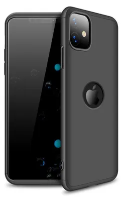 A black iPhone 11 case with the Apple logo is shown.