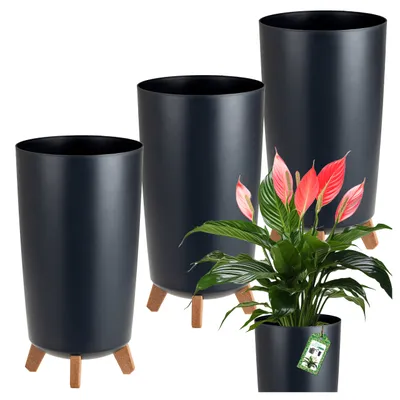 Three dark gray planters of varying heights are displayed on a white background. The tallest planter on the right contains a peace lily plant with pink and green leaves and pink flowers. The other two planters are empty.