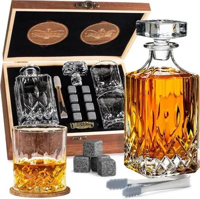 Zdjęcie produktu dla Zestaw karafki do whisky 700 ml Klasyczna karafka z 8 kamieniami do whisky 2 szklanki (310 ml) i dodatkowe akcesoria prezent dla mężczyzn
