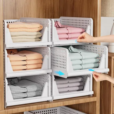 Produktbild von 6 Set Faltbar Plastik Lagerkisten,Stapelbare Kleiderschrank Organizer,Aufbewahrungsboxen Regal Körbe Transport boxen für Küchen Schlafzimmer 33x43x42