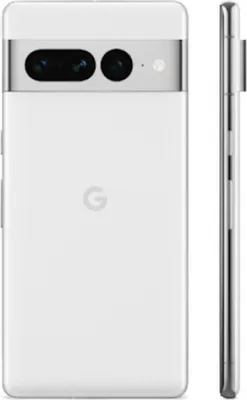 A white Google Pixel 7 Pro smartphone is shown from the back and side.