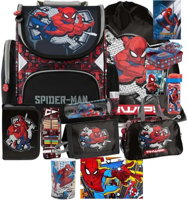 Produktbild von 12tlg Spiderman Schulranzen set Rucksack Federtasche Sportbeutel Trinkflasche Brotdose Reisetasche Brieftasche Notizbuch Einschlagmappe Schlamperta