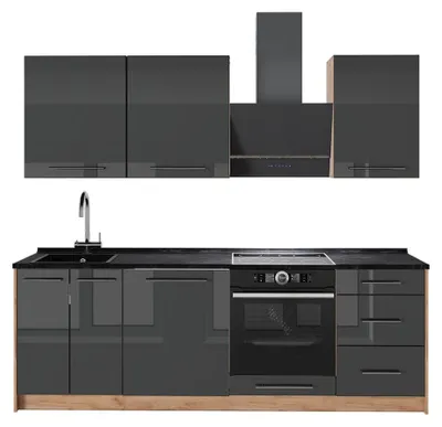 Produktbild von Küchenzeile Vicco Fame-Line Anthrazit Hochglanz/Goldkraft Eiche 230 cm ohne Arbeitsplatte, Model 63981